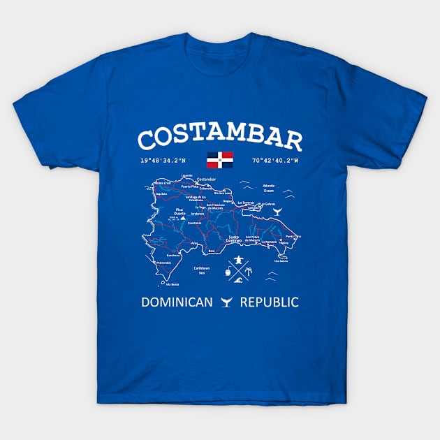 Costambar Dominican Republic Flag Travel Map Coordinates GPS T-Shirt by French Salsa